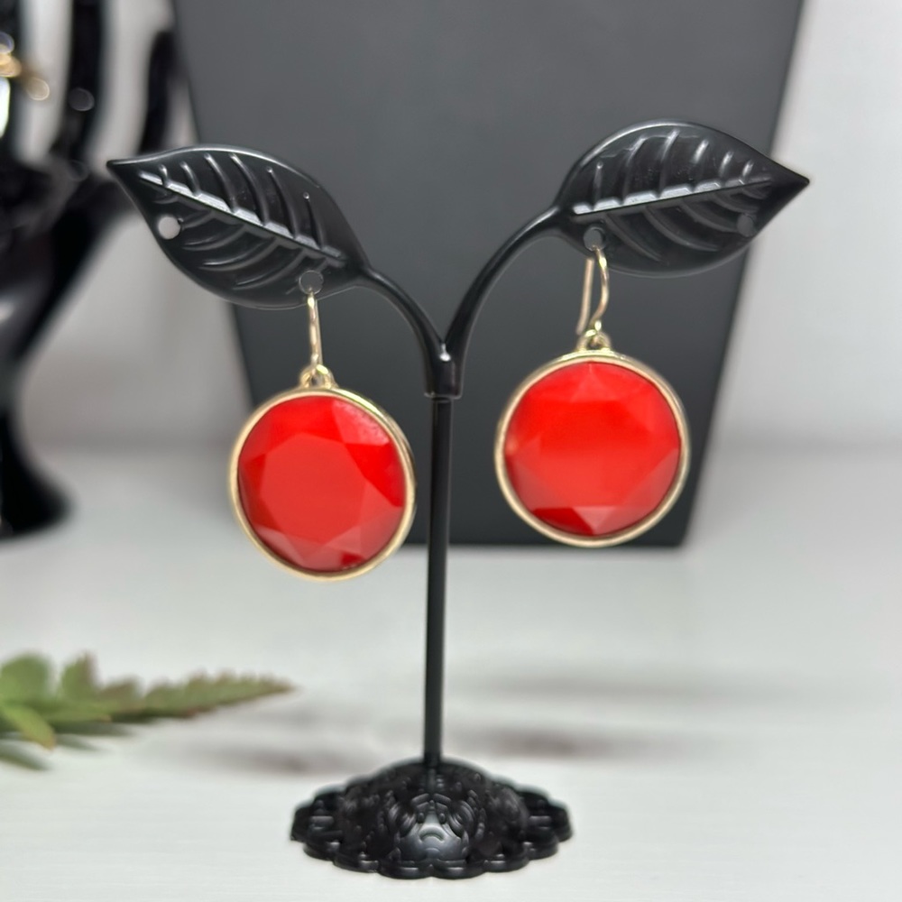 Round Red Earrings - Faceted Glass in Gold-Toned Setting